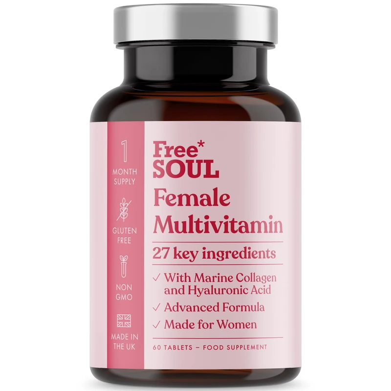 Women's Multivitamins & Minerals with Marine Collagen & Hyaluronic Acid | 27 Essential Vitamins, Minerals, & Botanicals | Gluten-Free & No Synthetic Fillers or Binders | 60 Tablets | Free Soul