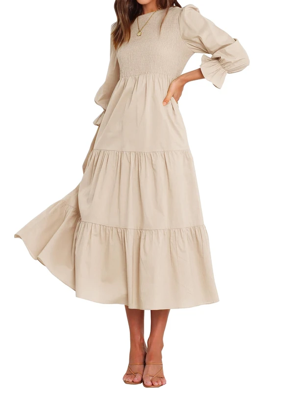 BTFBM Women Casual Long Sleeve Dress Fall Dresses 2024 Solid Color Relaxed Fit Smocked Tiered Flowy Boho Long Dresses, Solid Apricot, S