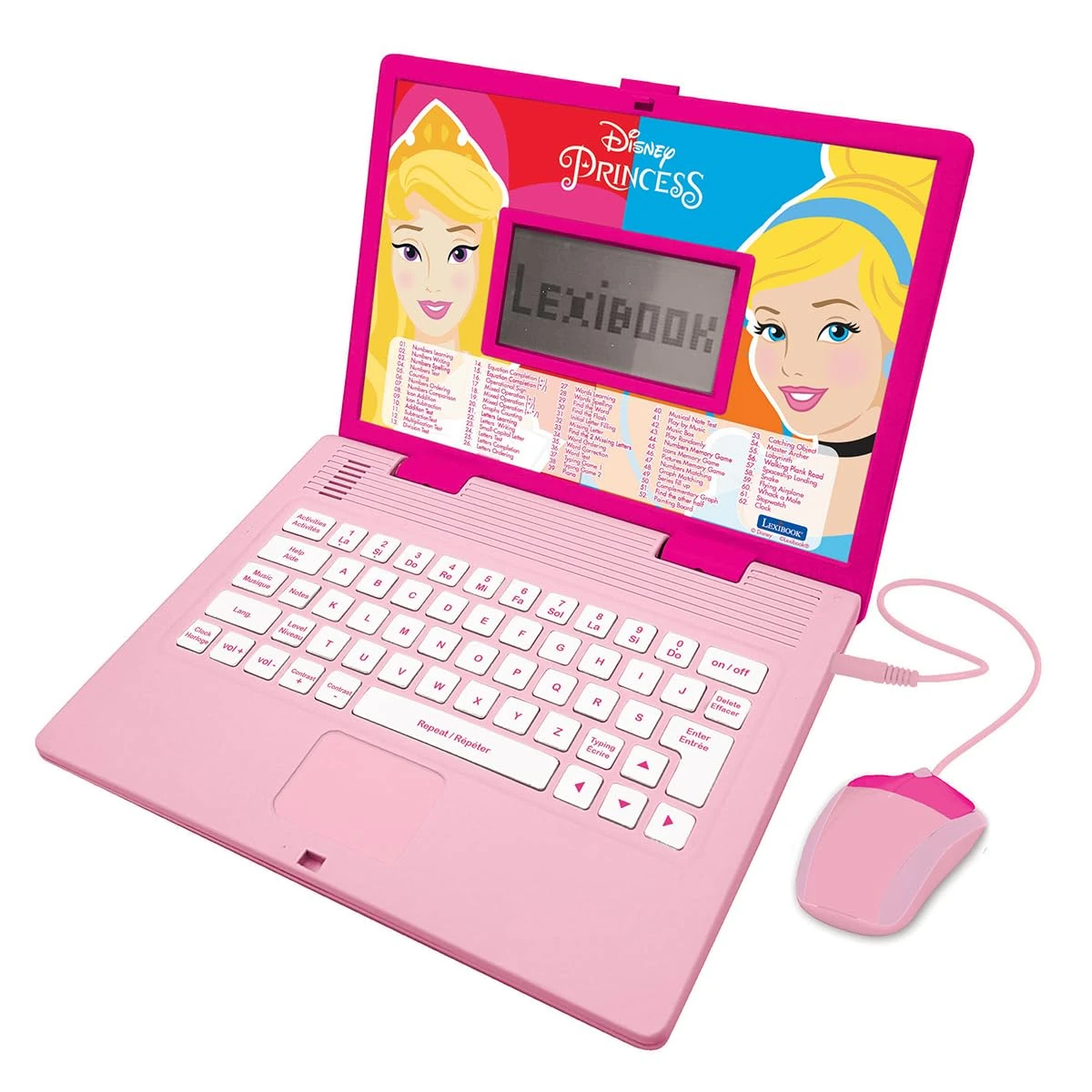 LEXIBOOK, Disney Princess, Educational and Bilingual Laptop French/English with 124 Activities: Mathematics, Dactylography, Logic, Clock reading, Play Games and Music, Pink, JC598DPi1