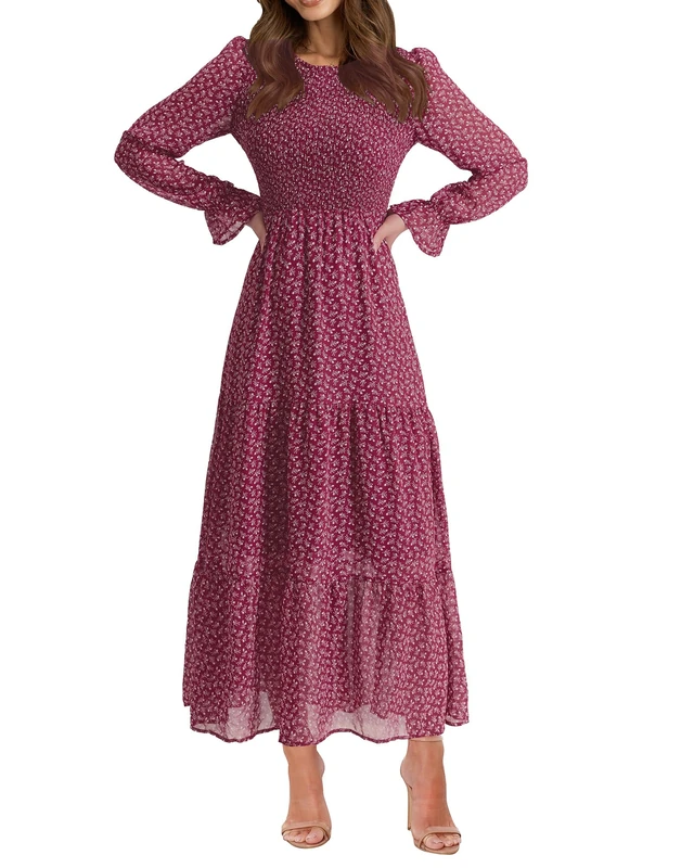 BTFBM Women Casual Long Sleeve Crew Neck Fall Dress Bohemian Relaxed Fit Floral Flowy Maxi Dresses Tiered Cocktail Dress, Floral Red White, Small - Image 1