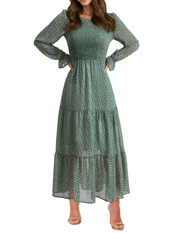 BTFBM Women Casual Long Sleeve Crew Neck Fall Dress Bohemian Relaxed Fit Floral Flowy Maxi Dresses Tiered Cocktail Dress, Floral Green White, Small