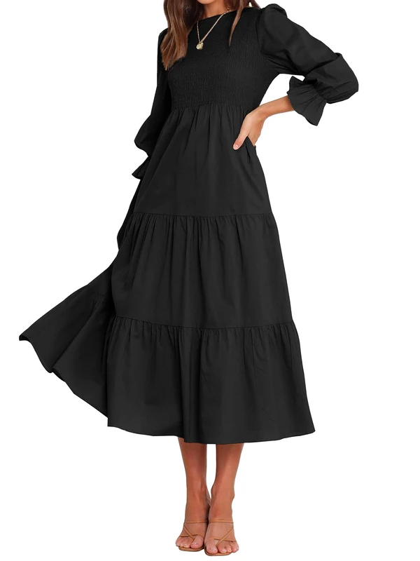 BTFBM Women Casual Long Sleeve Crew Neck Fall Dress Bohemian Relaxed Fit Floral Flowy Maxi Dresses Tiered Cocktail Dress, Solid Black, L