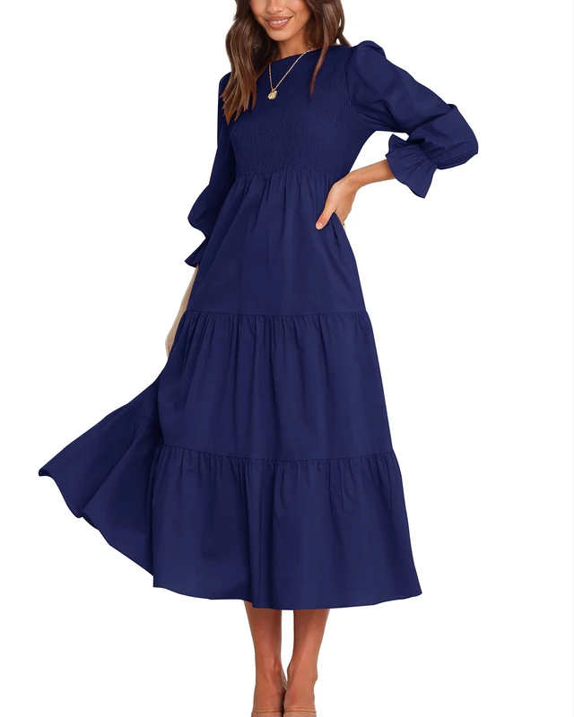 BTFBM Women Casual Long Sleeve Crew Neck Fall Dress Bohemian Relaxed Fit Floral Flowy Maxi Dresses Tiered Cocktail Dress, Solid Navy, M