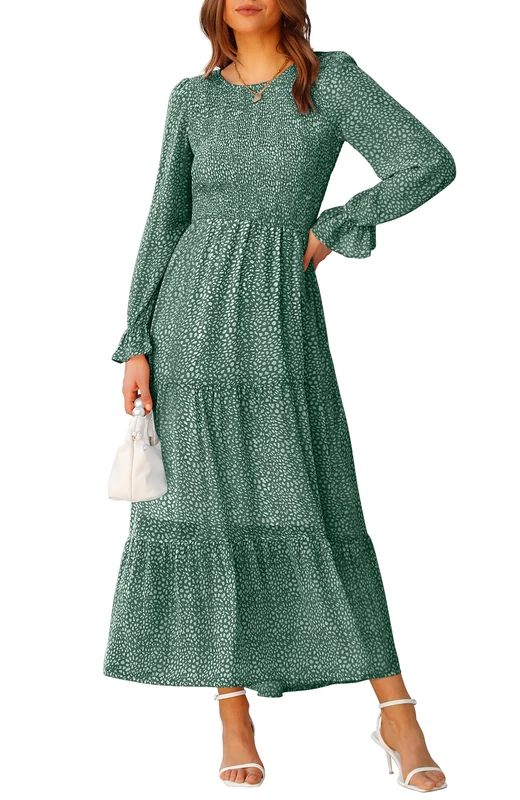 BTFBM Women Casual Long Sleeve Crew Neck Fall Dress Bohemian Relaxed Fit Floral Flowy Maxi Dresses Tiered Cocktail Dress, Floral Dark Green, S