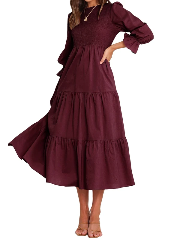 BTFBM Women Casual Long Sleeve Dress Fall Dresses 2024 Solid Color Relaxed Fit Smocked Tiered Flowy Boho Long Dresses, Solid Wine Red, XXL