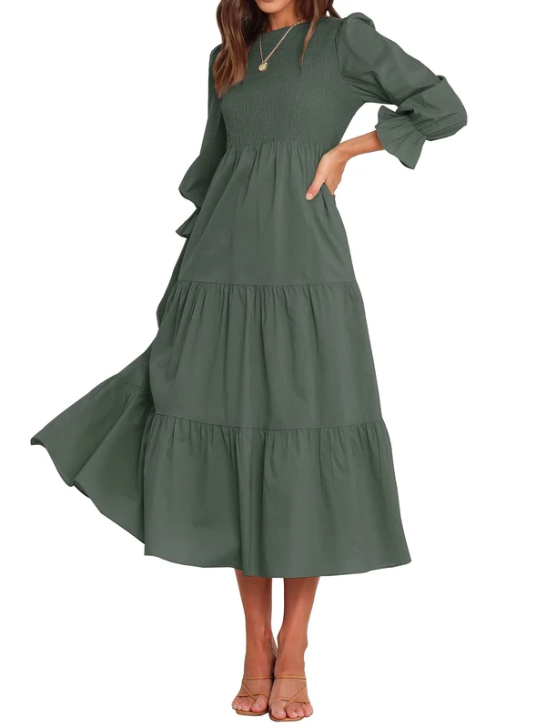 BTFBM Women Casual Long Sleeve Dress Fall Dresses 2024 Solid Color Relaxed Fit Smocked Tiered Flowy Boho Long Dresses, Solid Army Green, S