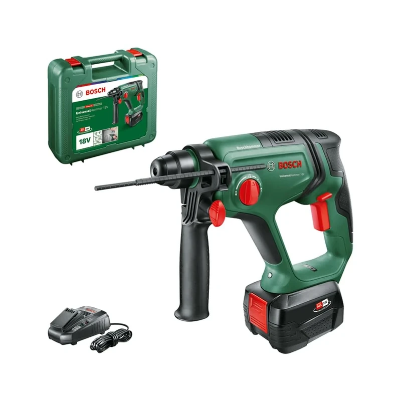Bosch Home and Garden Cordless Drill Universal Hammer 18 V (1 x Battery 4.0 Ah, 18 Volt System, for Drilling, Hammer Drilling, Chiselling and Screwing, in Case)