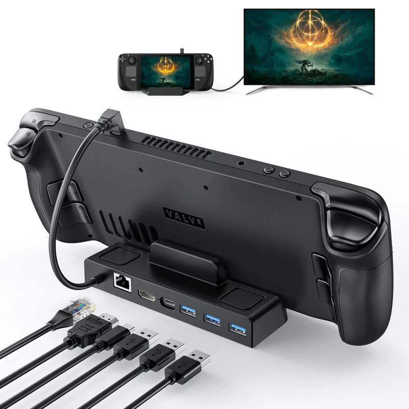 Benazcap Docking Station for Steam Deck OLED 2023/Steam Deck 2021, 4K@60Hz HDMI 2.0, Gigabit Ethernet Port, 3 USB A 3.0 5Gbps Data Ports, 65W Power Delivery, Compatible with Valve Steam Deck Console