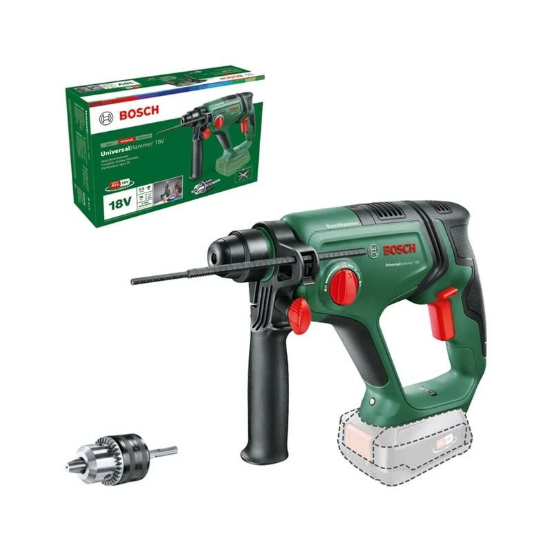 Bosch Cordless Rotary Hammer Drill UniversalHammer 18V (Without Battery; 18V System; Round-Shank Adapter; Drilling/Hammer Drilling/Chiselling; 2.0 J Impact Energy; SDS Plus Tool Holder; in Carton)