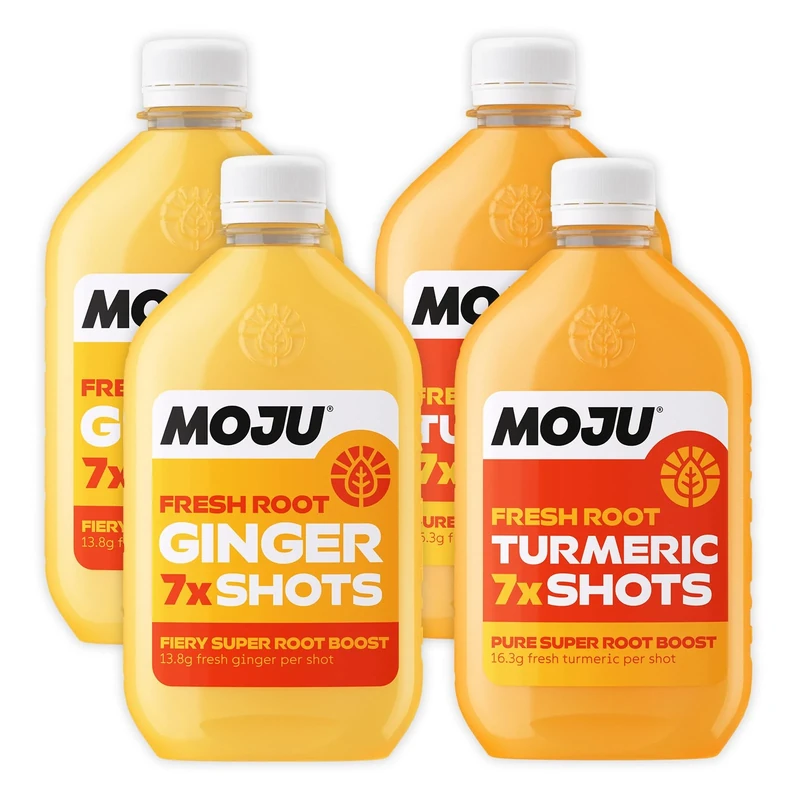 MOJU 2x Ginger, 2x Turmeric Dosing Bottles (4 x 420ml), Morning Wake Up/Afternoon Lift, Whole Ingredients, Nothing Artificial, Vegan, Ginger Shots