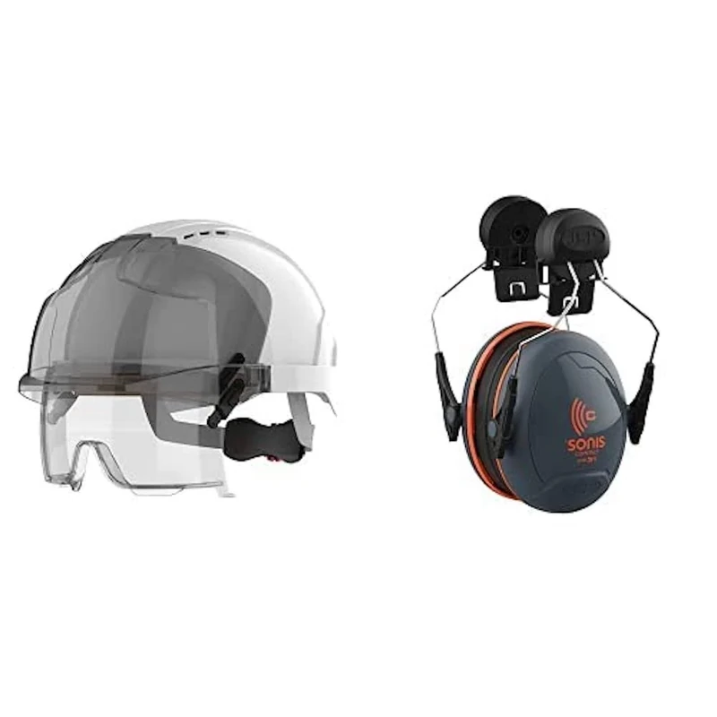 EVO® VISTAlens™ Safety Helmet with Integrated Safety Eyewear - White/Smoke (JSP AMB170-005-F00) One size & JSP Sonis Compact Helmet Mounted Ear Defenders