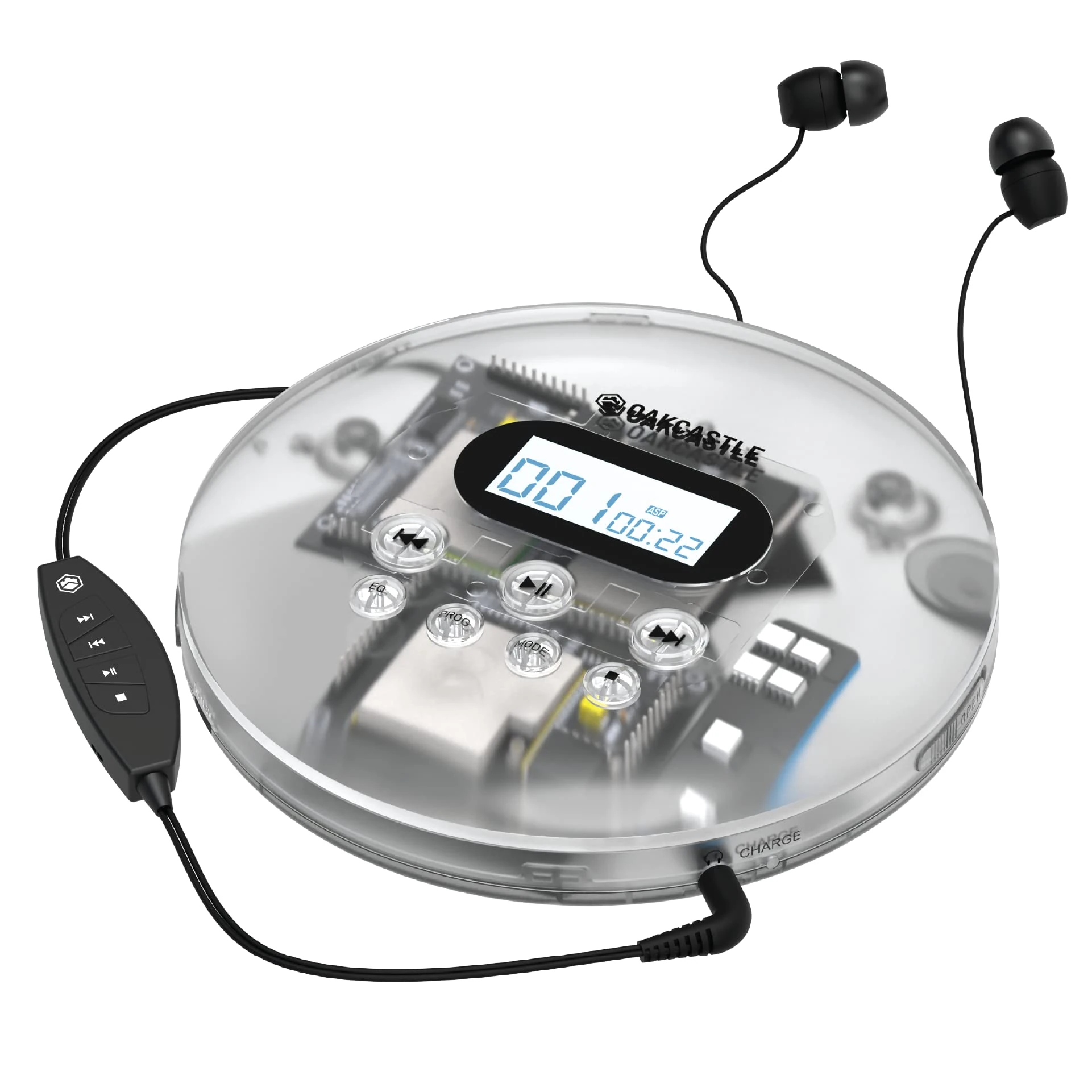 Rechargeable Bluetooth Portable CD Player | 12 Hour Playtime | Car AUX Compatible | Headphones Included | Anti-Skip & Hold Lock Technology, Custom EQ Settings| OAKCASTLE CD100 (Clear)