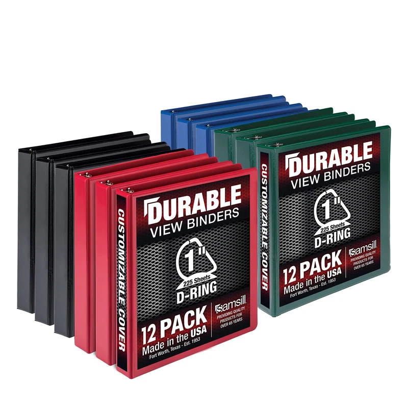 Samsill Durable 3 Ring Binder Made in The USA, 1-Inch D Ring Binder, Holds 225 Sheets, Customizable Clear View Cover, Basic Assortment, 12 Pack (MP126409)