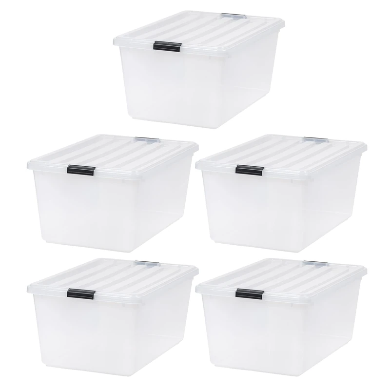 IRIS USA 68 Quart Stackable Plastic Storage Bins with Lids and Latching Buckles, 5 pack - Clear/Black, Containers with Lids and Latches, Durable Nestable Closet, Garage, Totes, Tub Boxes Organizing