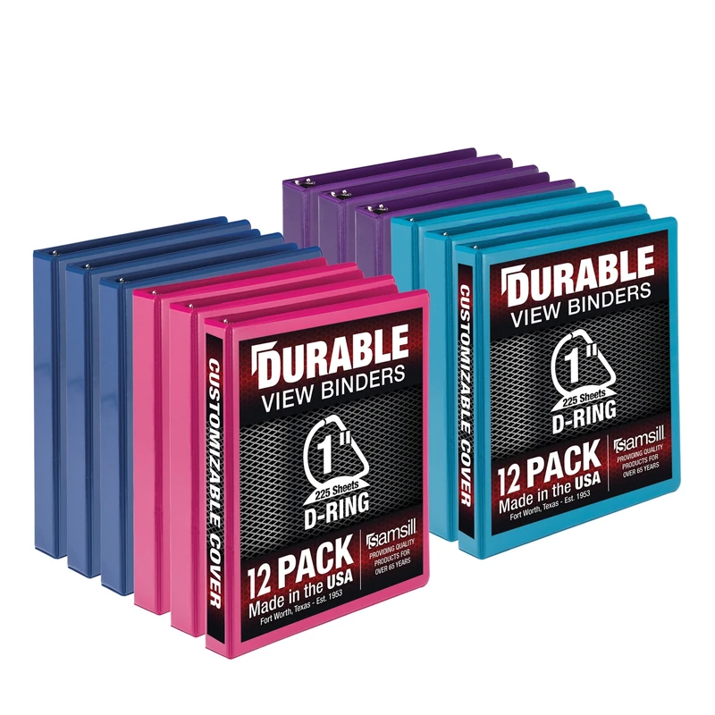 Samsill Durable 1 Inch Binder, Made in The USA, D Ring Binder, Customizable Clear View Cover, Fashion Assortment, 12 Pack, Each Holds 225 Pages