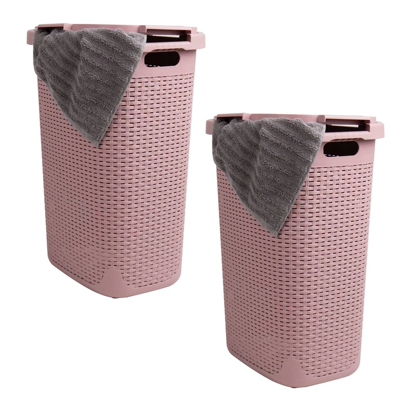 Mind Reader Basket Collection, Slim Laundry Hamper, 60 Liter (15g/33lbs) Capacity, Cut Out Handles, Attached Hinged Lid, Ventilated, Set of 2, Pink