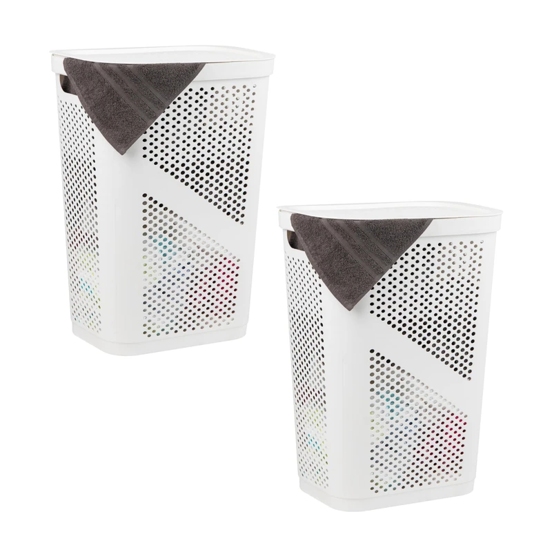 Mind Reader Basket Collection, Slim Laundry Hamper, 60 Liter (15g/33lbs) Capacity, Cut Out Handles, Attached Hinged Lid, Ventilated, Set of 2, White - Image 1