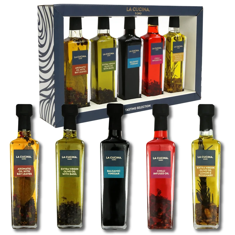 Kimm & Miller Luxury Infused Olive Oil Gift Set - 5 Cooking Oils with Flavoured Oils & Balsamic Vinegar - Cooking Gifts for Men & Women & Italian Food Lovers