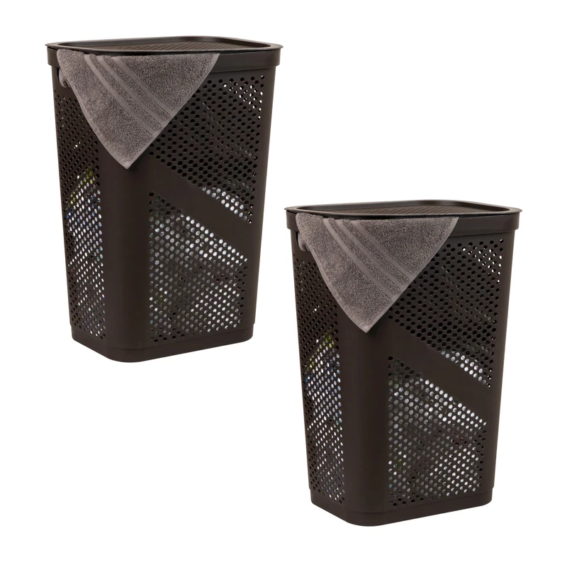 Mind Reader Basket Collection, Slim Laundry Hamper, 60 Liter (15g/33lbs) Capacity, Cut Out Handles, Attached Hinged Lid, Ventilated, Set of 2, Brown
