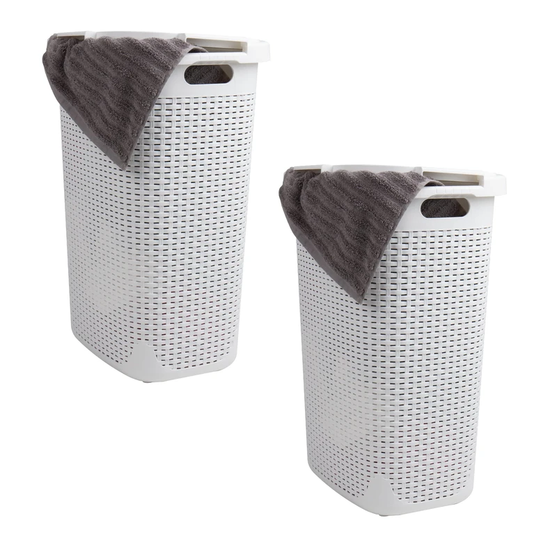 Mind Reader Basket Collection, Slim Laundry Hamper, 60 Liter (15g/33lbs) Capacity, Cut Out Handles, Attached Hinged Lid, Ventilated, Set of 2, White