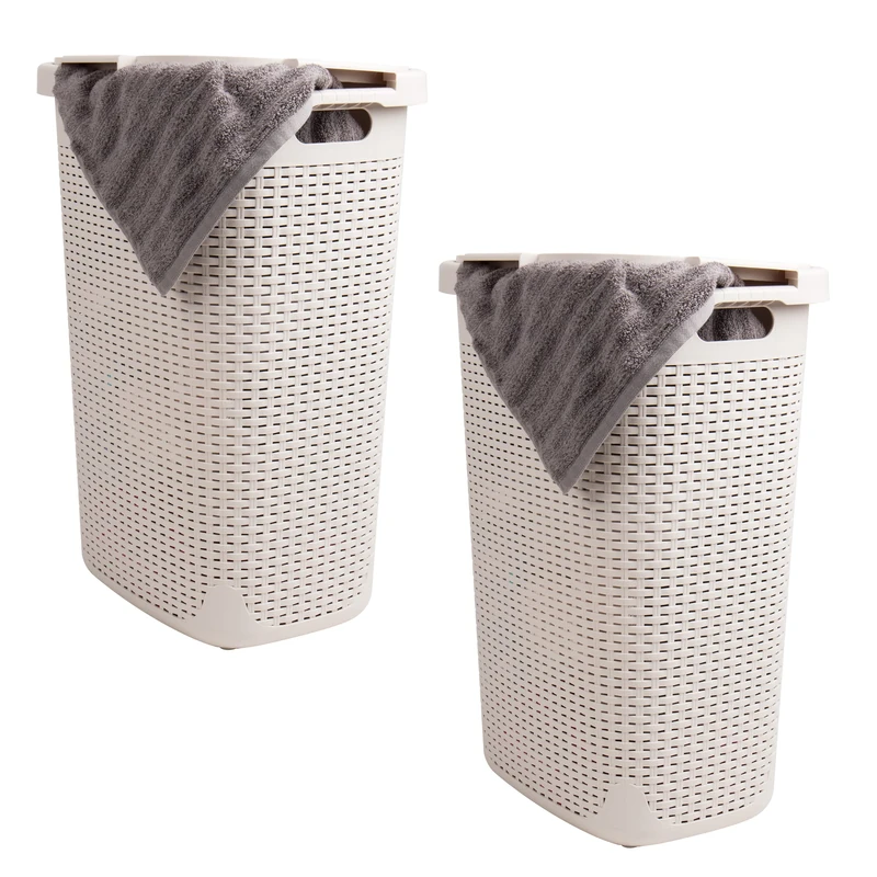 Mind Reader Basket Collection, Slim Laundry Hamper, 60 Liter (15g/33lbs) Capacity, Cut Out Handles, Attached Hinged Lid, Ventilated, Set of 2, Ivory