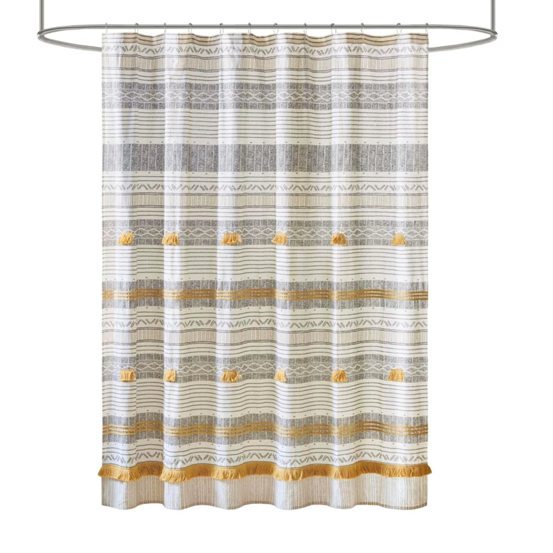 INK+IVY Cody 100% Cotton Shower Curtain, Boho Chic Printed Striped with Tassel Pompom, Fringes Trim, Modern Bathroom Décor, Machine Washable 72" x 72" Grey/Yellow