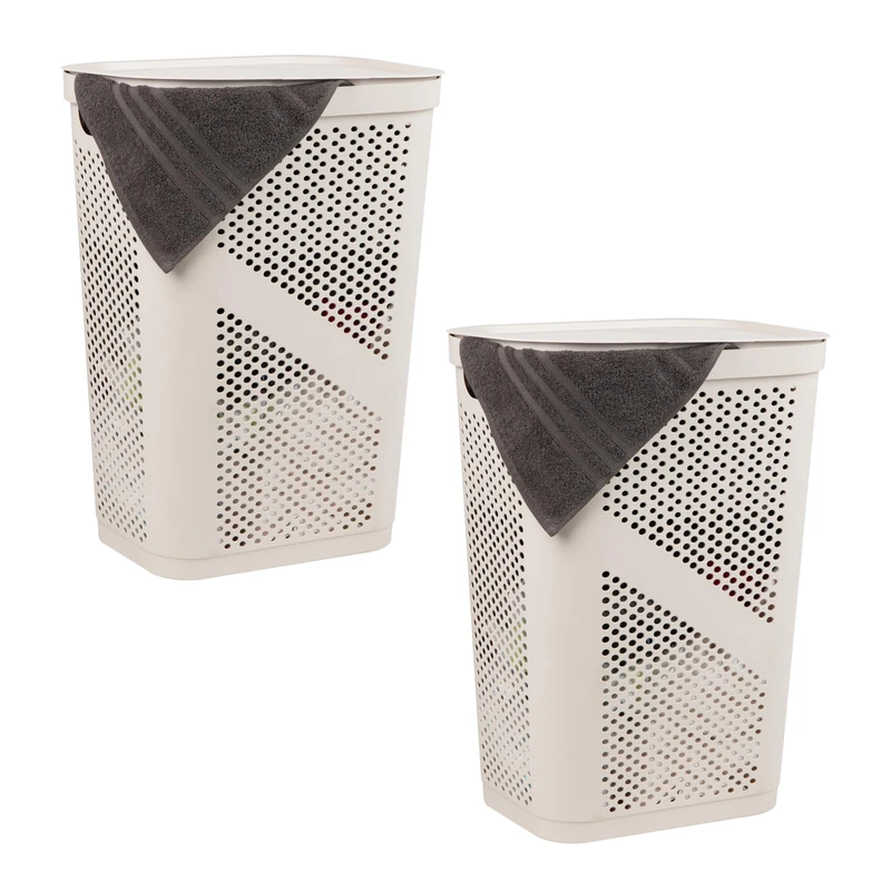 Mind Reader Basket Collection, Slim Laundry Hamper, 60 Liter (15g/33lbs) Capacity, Cut Out Handles, Attached Hinged Lid, Ventilated, Set of 2, Ivory