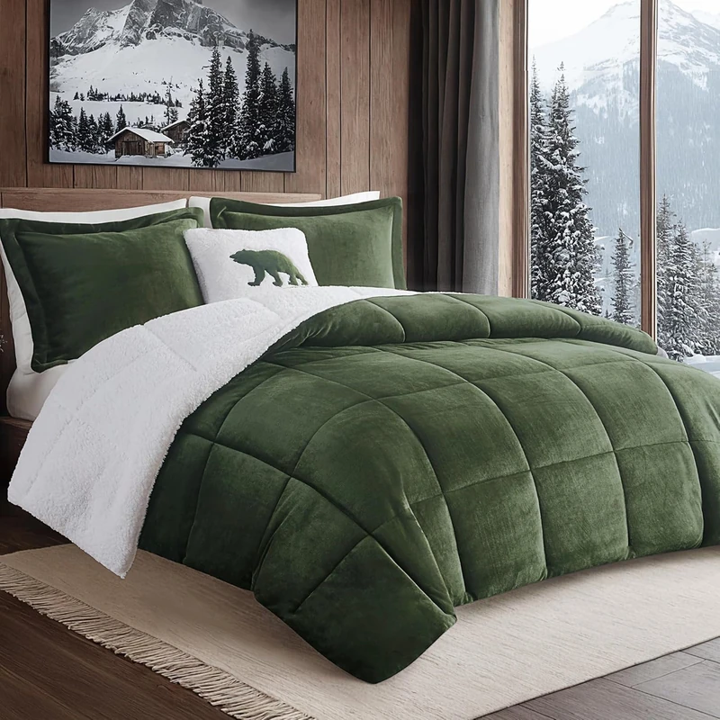 Woolrich Alton Ultra Soft Plush to Sherpa Berber Down Alternative Cold Weather Winter Warm Comforter Set Bedding, King Green/Ivory 3 Piece