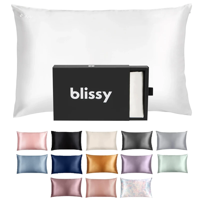 BLISSY Silk Pillowcase 100% Pure Mulberry Silk 22 Momme 6A High-Grade Fibers Satin Pillowcase Hair & Skin Regular, Queen & King Size Silk Pillow Case w/Hidden Zipper Moisture Wicking, White