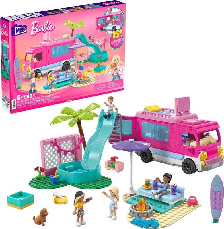 MEGA Construx Barbie Kids Building Toy Set, Dream Camper Adventure with 580 Pieces, 4 Micro-Dolls, Barbie Pets and Accessories, Pink, Ages 6+ Years, HPN80