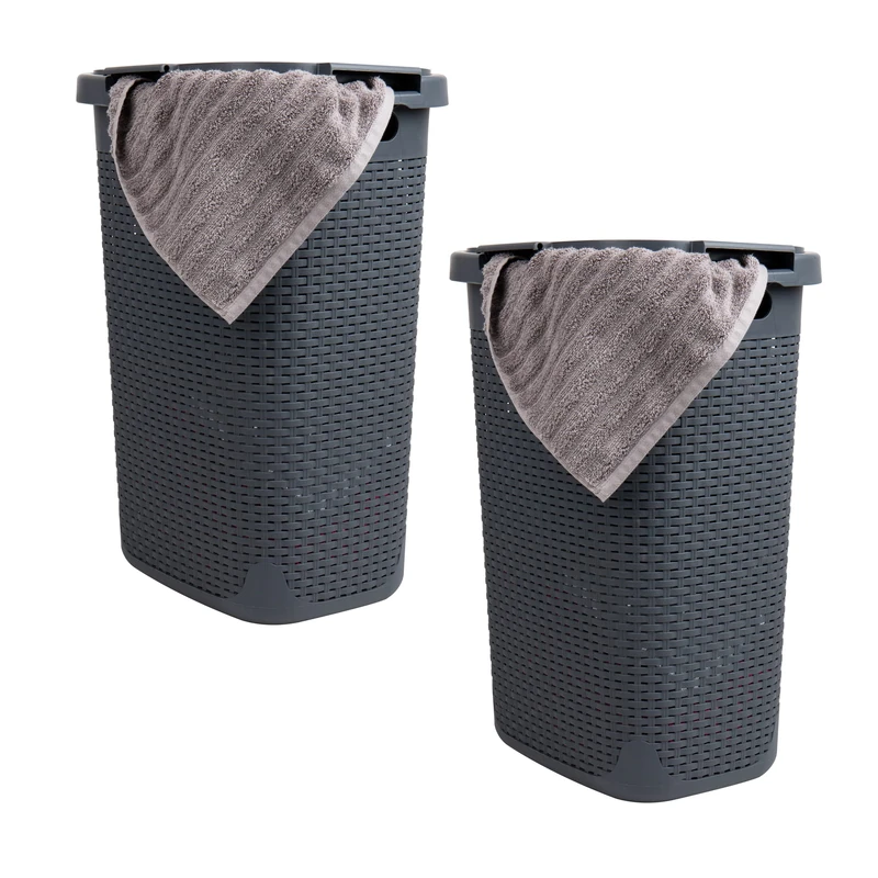 Mind Reader Basket Collection, Slim Laundry Hamper, 60 Liter (15g/33lbs) Capacity, Cut Out Handles, Attached Hinged Lid, Ventilated, Set of 2, Gray