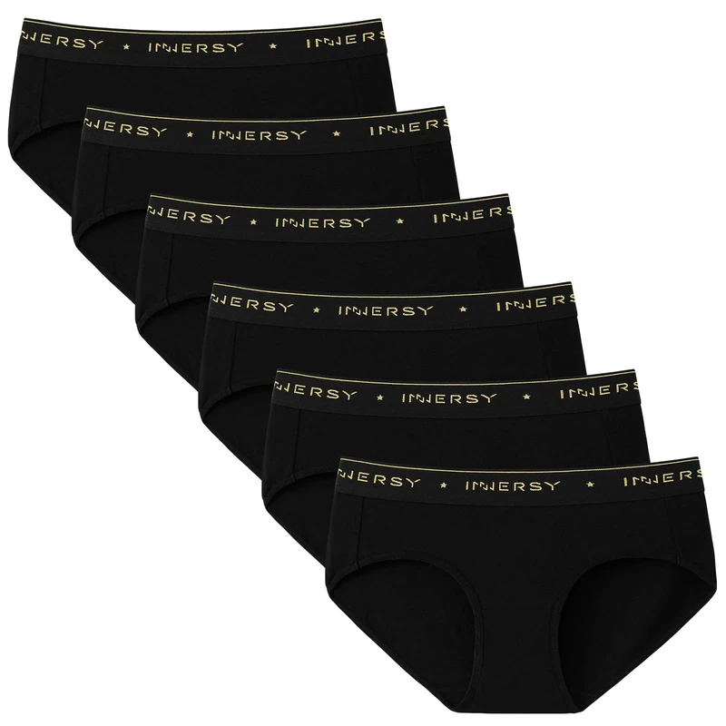 INNERSY Women's Black Logoed Cotton Hipster Briefs - Pack of 6