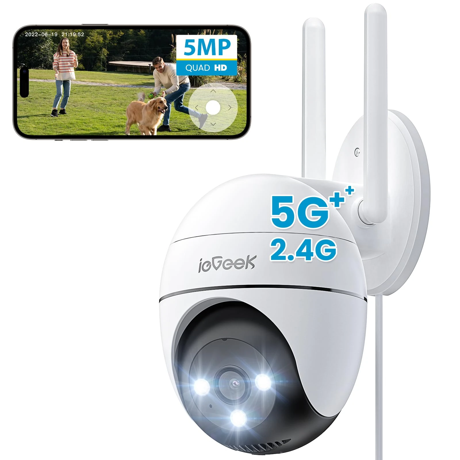 ieGeek 5MP 2.4/5Ghz Security Camera Outdoor, 360° PTZ CCTV Camera Systems,15M Color Night Vision, WiFi Home IP Camera, Human Detection, Siren and Light Alarm, 2-Way Audio, Alexa, Memory/Cloud(Wired)