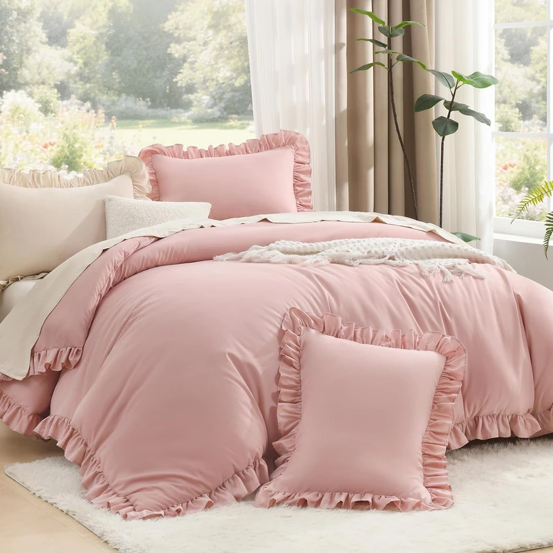 Litanika Blush Pink Ruffle King Bed Comforter Set, 3 Pieces Girls Women Cute Bedding Comforters & Sets, Lightweight Fluffy Microfiber Down Alternative (104x90In Comforter & 2 Pillowcases)