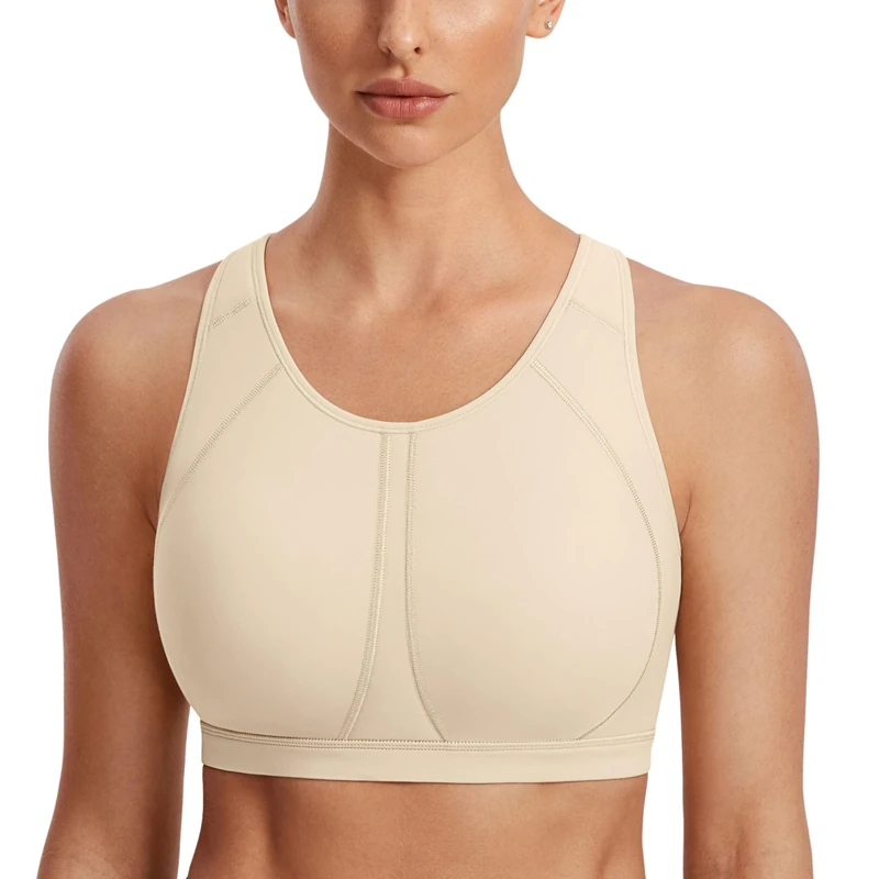 SYROKAN Women's Sports Bra for Large Breasts High Impact Full Coverage Padded Wireless Running Halter Neck Bra Oil Beige 34DD