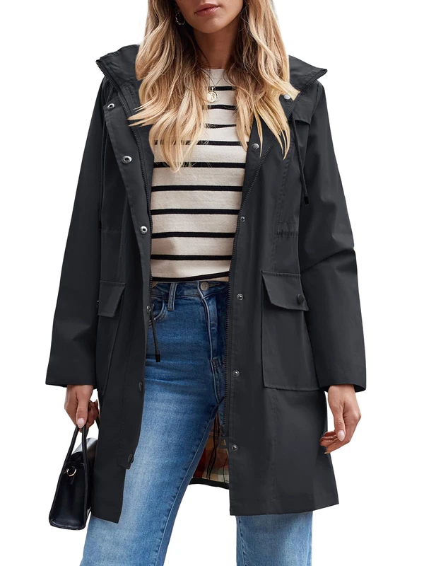 Women's Waterproof Rain Jacket Lightweight Raincoat Hooded Windbreaker Trench Coat (Black,Medium), Black（waterproof）, Medium