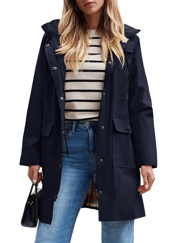 SaphiRose Women's Waterproof Rain Jacket Lightweight Raincoat Hooded Windbreaker Trench Coat (Navy,Large), Navy（waterproof）, Large