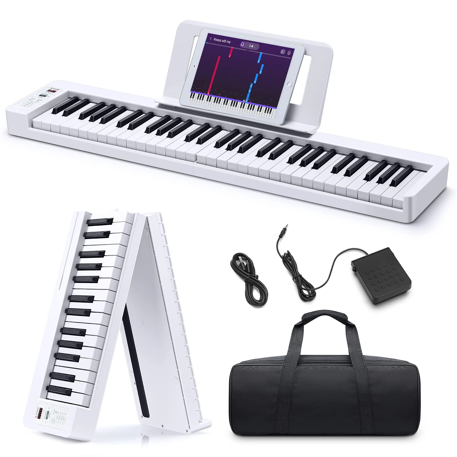 Donner Folding Piano Keyboard, 61 Keys Sensitive Electric Piano, Portable Beginner Digital Foldable Keyboard with Music Rest, Bag, Pedal, DP-06 White