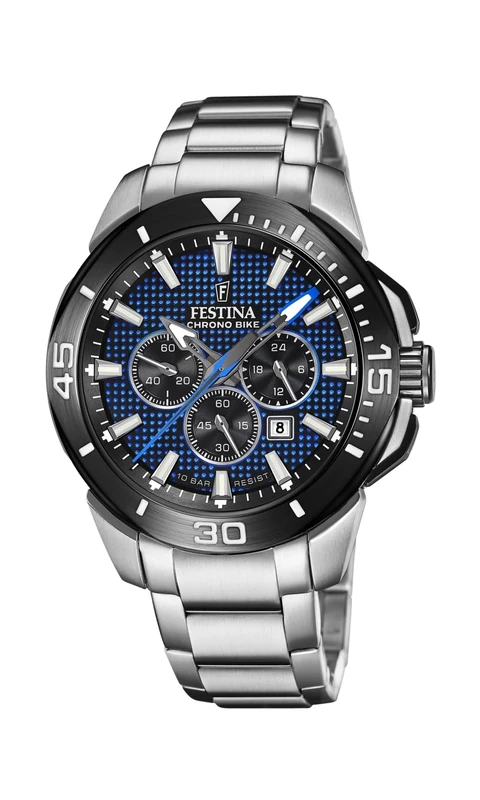 Festina F20641/2 Men's Analogue Quartz Watch with Stainless Steel Strap, Silver-Black-Blue, Standard Size, Bracelet