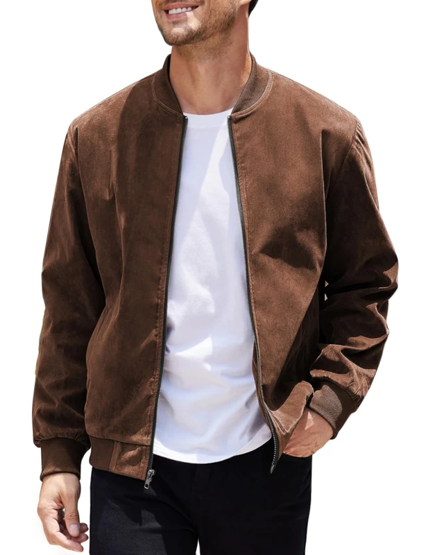 COOFANDY Men's Casual Varsity Jacket Vintage Lightweight Suede Bomber Jackets, Brown, S