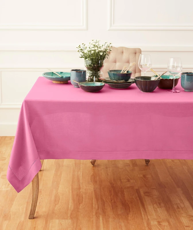 Solino Home 100% Pure Linen Tablecloth Flamingo Pink Hemstitch, 60 x 120 in