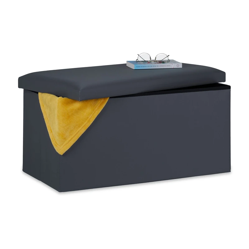 Relaxdays Storage Bench, Artificial Leather, 84 L Capacity, H x W x D: approx. 37.5 x 76.5 x 38.5 cm, Dark Grey, Fibreboard