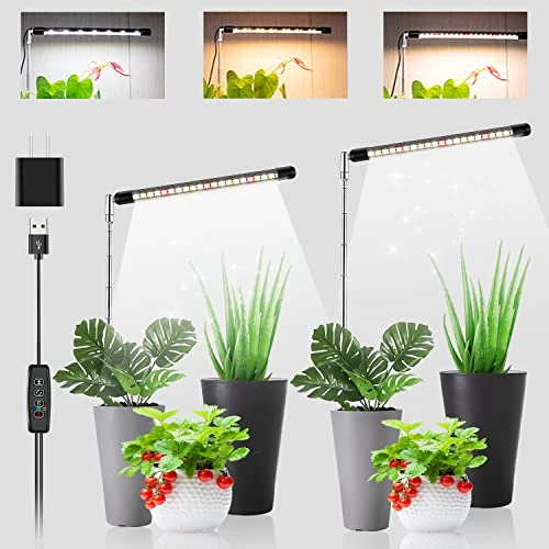 Kullsinss Grow Light for Indoor Plants, 2 Heads Full Spectrum with Adjustable Height, 3 Lighting Spectrum, Auto Timer 3/9/12H, 10 Dimming Levels