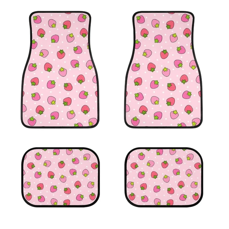 Delerain Pink Strawberry 4-Piece Car Floor Mats Front and Rear Rubber Backing Carpet, Auto Foot Mats All Weather Universal Fit Car Decor Accessories Fit for SUV, Vans, Sedans, Trucks