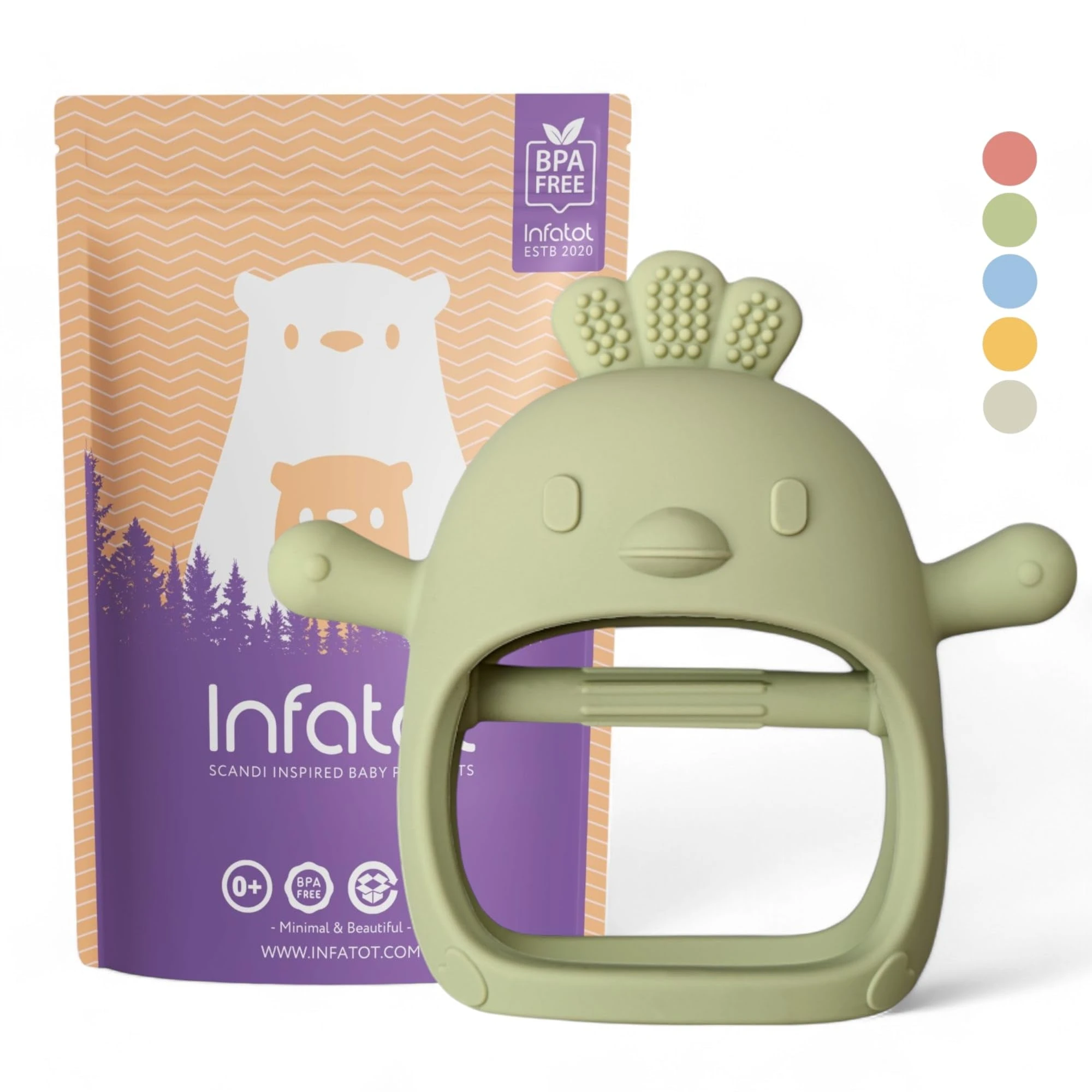Infatot® Teething Toys for Baby Gifts – Chicken Silicone Mitten Teether, Soothing Glove for Infants, Baby Toys 0-6 Months, Soft Chewable Teether Toy to Prevent Finger Sucking, Olive