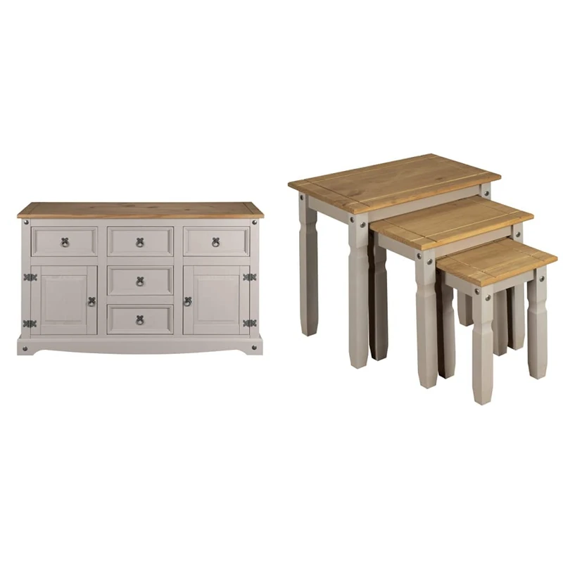 Mews Grey 2 Door 5 Drawer Sideboard, Pine, W 125 cm x D 40 cm x H 76 cm & Corona Grey Mexican Nest Of Tables, Pine, H51 x W53 x D36cm