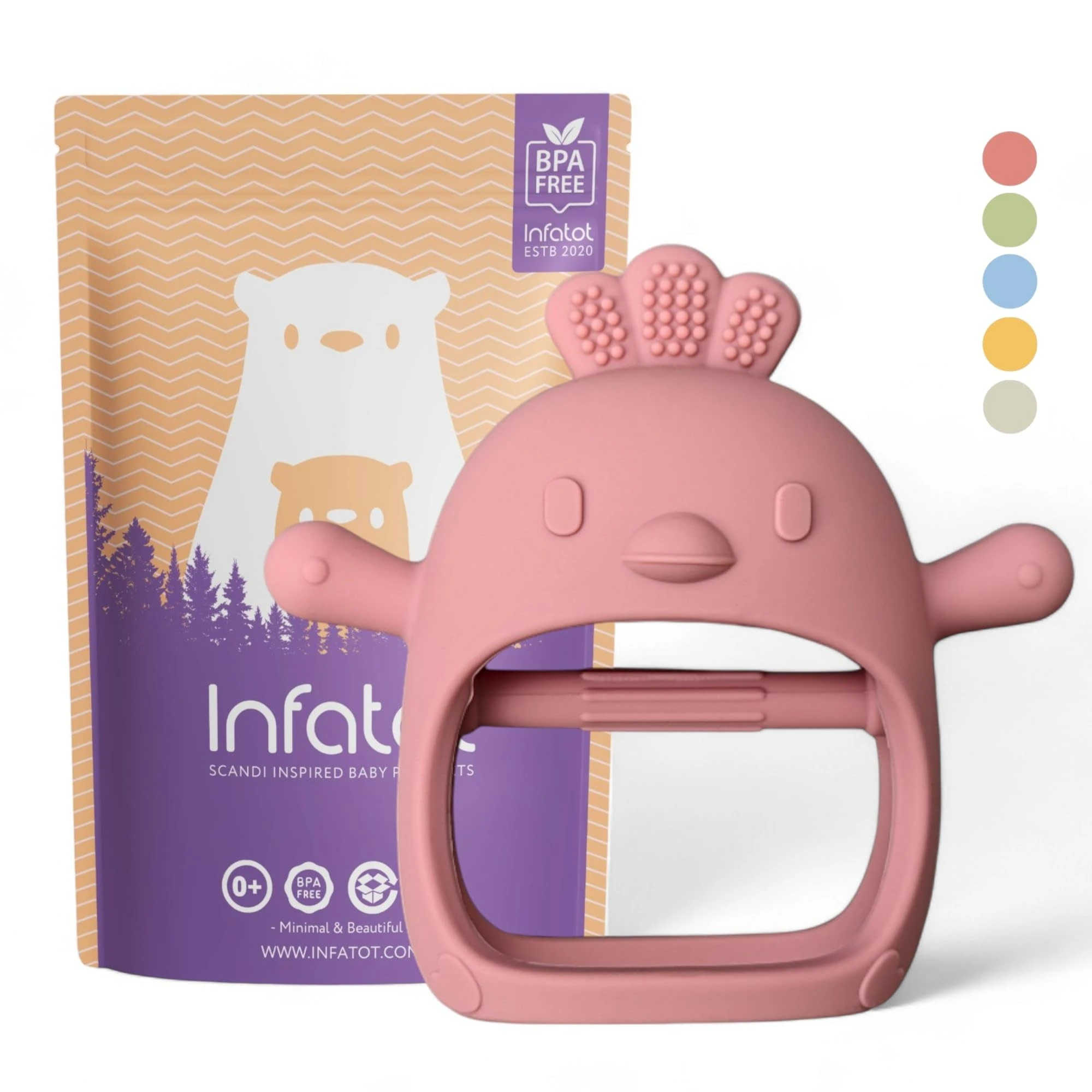 Infatot® Teething Toys for Baby Gifts – Chicken Silicone Mitten Teether, Soothing Glove for Infants, Baby Toys 0-6 Months, Soft Chewable Teether Toy to Prevent Finger Sucking, Plum