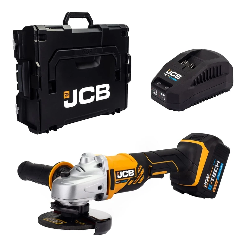 JCB 18V Cordless Angle Grinder, 5.0Ah Lithium-ion Battery, Fast Charger in Power Tool Case, 3 Position & Anti-Vibration Handle, Tool-Free Adjustable Guard, 3 Year Warranty (JCB-18AG-5X)
