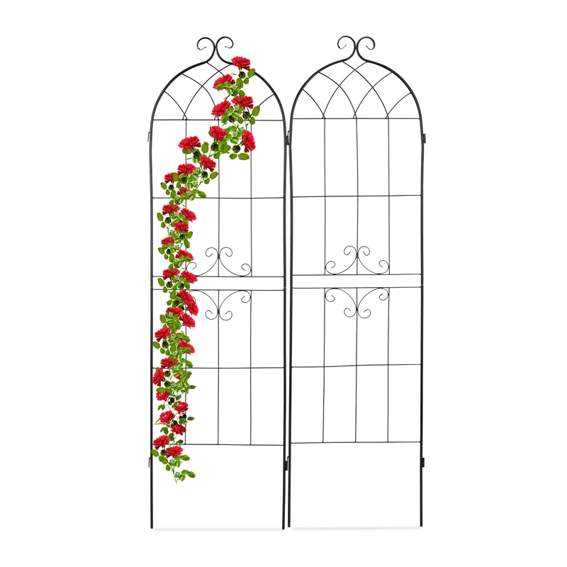 Relaxdays Garden Trellis, Set of 2, 180 x 50 cm, Support for Climbing Plants, Decorative, Rose Frame, Iron, Black