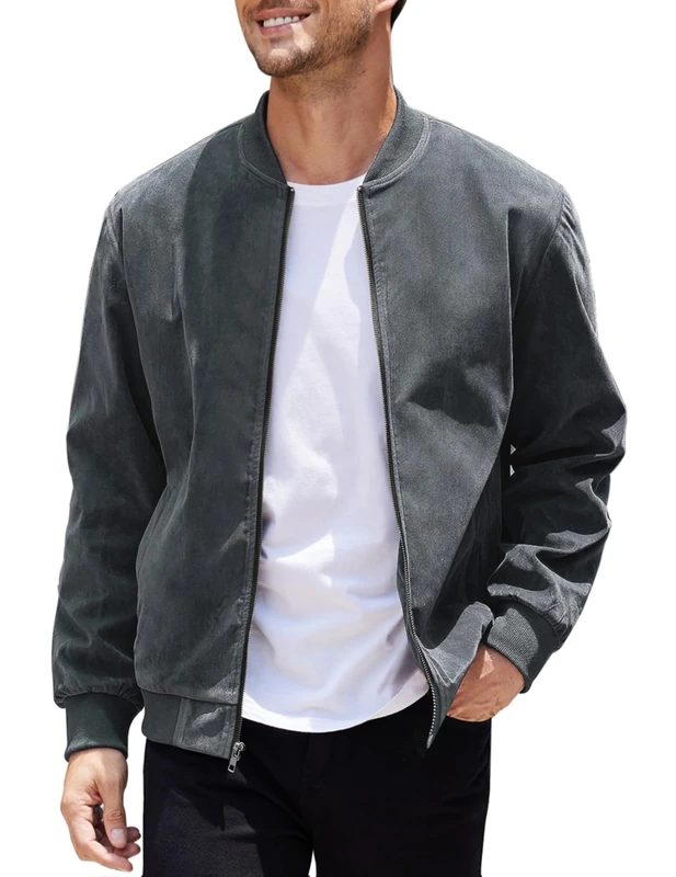 COOFANDY Men's Casual Varsity Jacket Vintage Lightweight Suede Bomber Jackets, Dark Grey, L